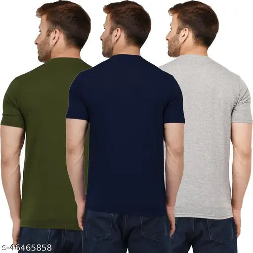 Olive Green, Dark Blue & LLite Grey Kroptee men's solid half sleeve round neck t-shirts (pack of 3), soft cotton fabric, bio wash, made in India