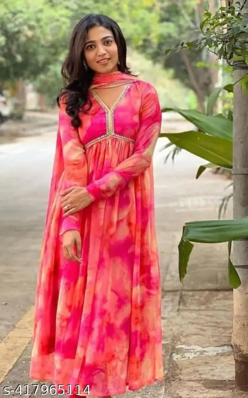Multi-color Anarkali kurta set with dupatta, gota patti style design. Georgette fabric, long sleeves. Ideal for weddings and parties." (107 characters)