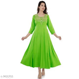 Green rayon embroidered anarkali kurti with long skirt and short sleeves