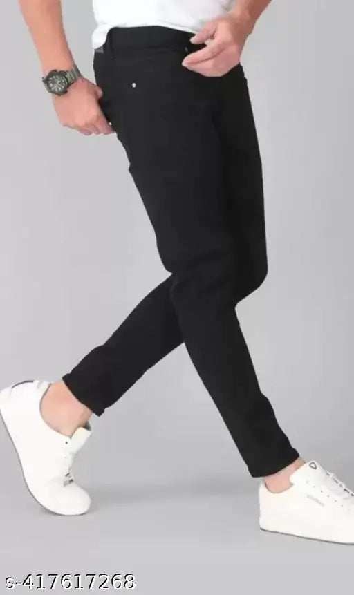 Men's cotton blend mid-rise black jeans, slim fit and washed pattern for modern style. Comfortable waist size 28, 30, or 32 inches, with a hip size of 35, 37, or 39 inches respectively. Indian origin