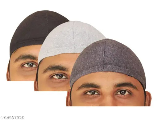 Mens solid cotton helmet cap pack of 3 - High-quality sweat-absorbing headwear for various sports activities, wearable under helmets or hats. Great for spring, summer, autumn, winter. Made in India
