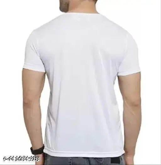 White printed t-shirt for men, short sleeves, polyester fabric, size M (38in chest, 38in length), made in India