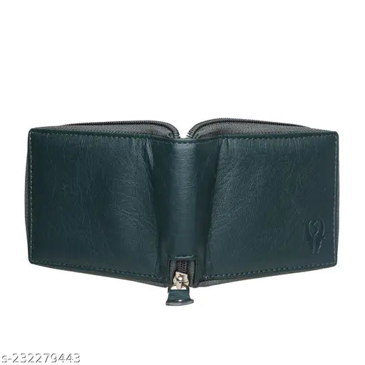 Green PU leather bi-fold wallet, slim design, 2 compartments, fits any pocket