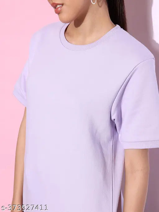 Lavender oversized cotton sweatshirt for women, solid design, short sleeves, XS-XL, Made in India