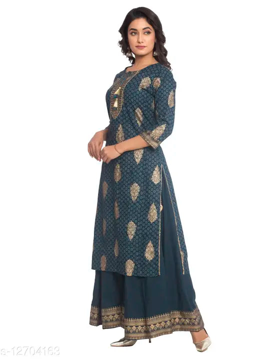 Women's printed festive rayon slub kurta set with sharara palazzos, three-quarter sleeves, Indian festival wear