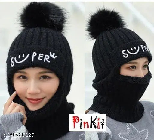 Womens winter hat with face mask, black pompom, faux fur trim