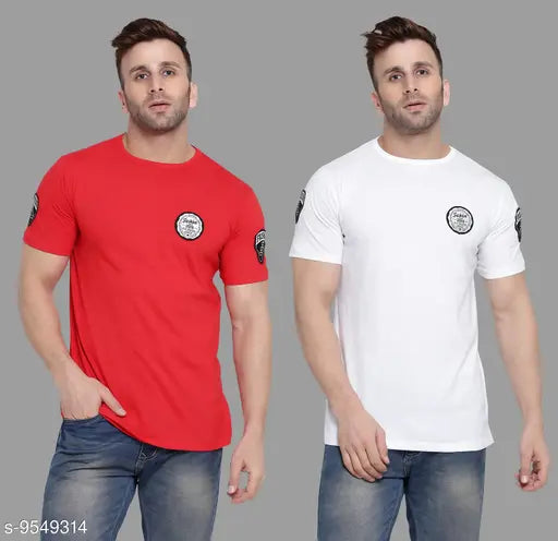 Cotton blend round red t-shirts pack 2 for men, printed with vibrant design, available in S, M, L, XL sizes