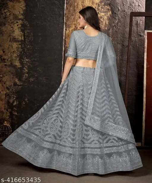 Embroidered grey sequinned lehenga choli & dupatta set, net fabric, free size, Indian craftsmanship