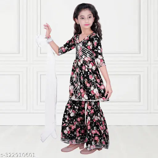 AKRAM GARMENT Girls Dupion Silk Kurta Sharara & Dupatta set, three-quarter sleeves, vibrant poly silk with laces. Indian ready-to-wear traditional outfit for girls aged 2-12 years