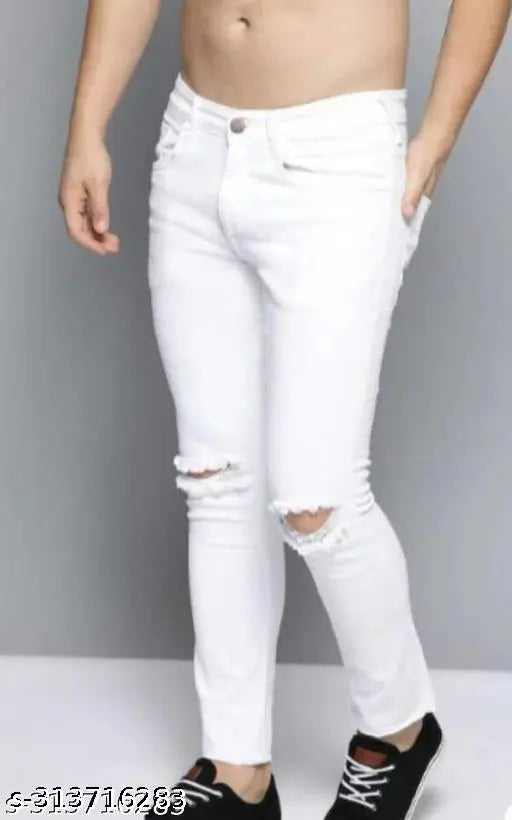Cotton blend ripped knee-slit white jeans, modern fit for men EHJ2O