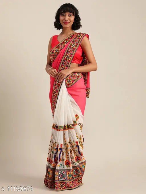 Red and white designer saree with heavy embroidery, peacock pattern, sleeveless blouse