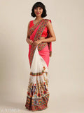 Red and white designer saree with heavy embroidery, peacock pattern, sleeveless blouse
