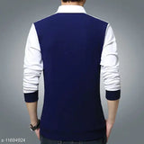 Navy blue colorblocked cotton polo neck t-shirt for men, long sleeves