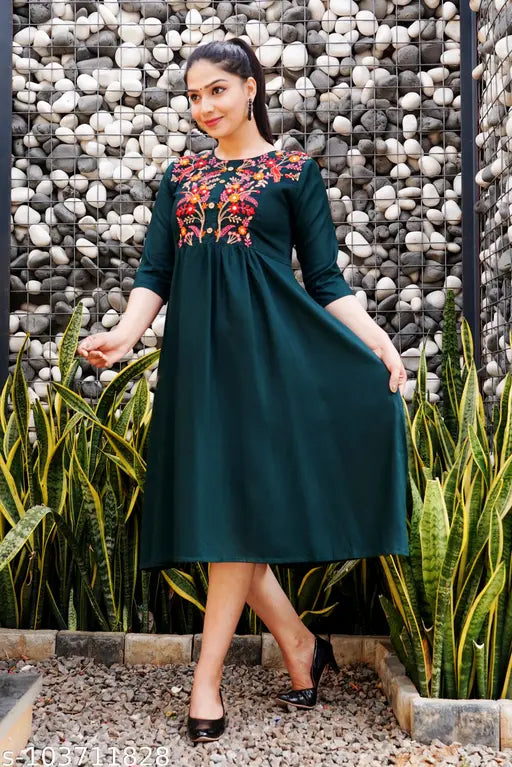 Dark Green Embroidered Rayon Kurti, traditional Indian women's Anarkali outfit