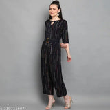 Blue rayon jumpsuit, J Turritopsis women's boat neck print, three-quarter sleeves, Indian-made fashion on mannequin