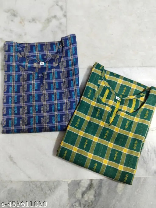 Blue and green checkered patterned woolen kurta combo, set of two kurtas