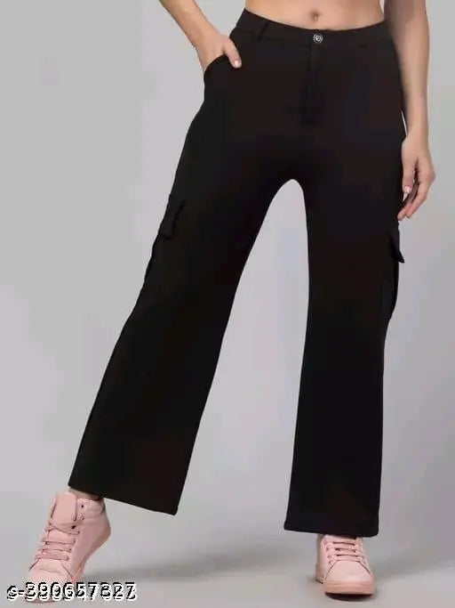 Women's solid cotton blend cargo pant, great for casual outings. 26" waist size and 37" length. Made in India