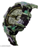 Green and black digital watch with army design, camouflage strap