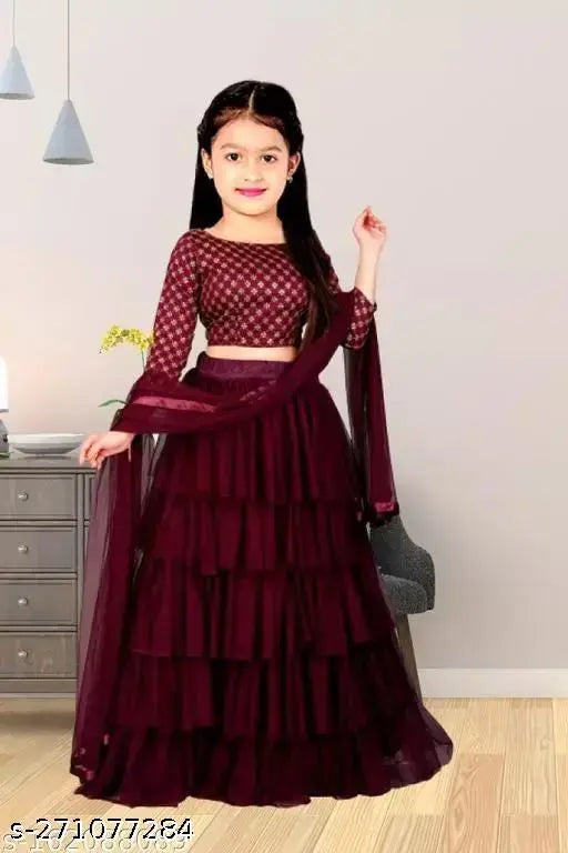 Embellished net ruffle lehenga for girls (1-12 years), solid dupatta, Indian traditional clothing on display