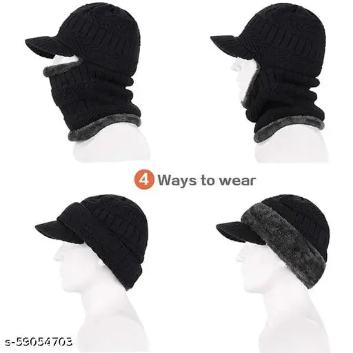 Wool winter hat, warm knit, fur-trimmed for men & women, cold protection cap
