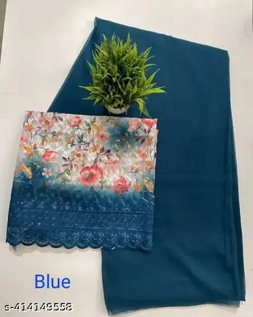 Blue Zamato linen saree with floral embroidery on matching blouse piece, for women and girls