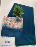 Blue Zamato linen saree with floral embroidery on matching blouse piece, for women and girls
