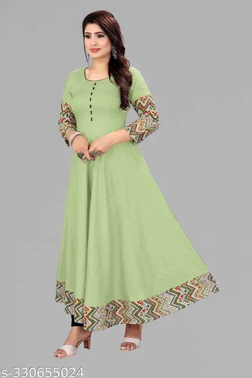 Viscose rayon long solid border Anarkali Kurti in PISTA color, casual and stylish for daily use or social gatherings. Perfect for office wear and various occasions