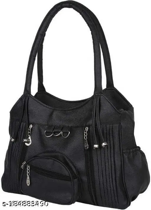 Black leather handbag, women's shoulder bag with multiple pockets and compartments