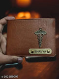 Brown faux leather trendy men's wallet with personalization options, customize name, charms, and color. Made in India." (107 characters)