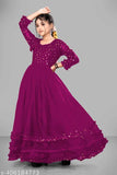 Pink printed net ethnic gown with long sleeves and dupatta, Indian girls party wear for ages 5-16
