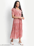 Pink chiffon floral print tiered ruffle midi dress for women, Indian-inspired ethnic wear