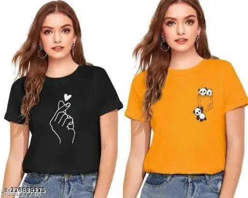 Cotton T-shirts combo for women & girls (2 pack), round neck pocket panda design, solid & soft 100% cotton