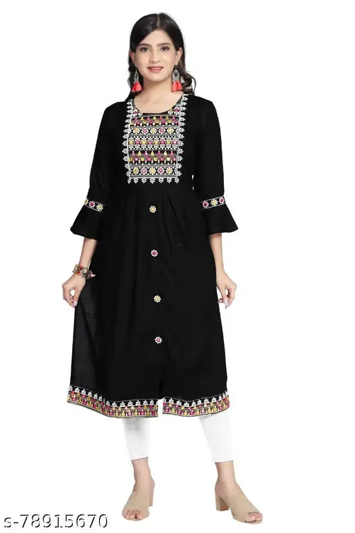 Rayon slub embroidered Naira Kurti, three-quarter sleeves, Indian embellished traditional outfit