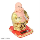 Gold Laughing Buddha Idol with Solar-Powered Moving Head and Waving Fan, medium size for prosperity, wealth, and health