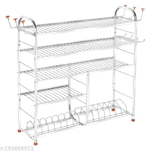 Stainless steel kitchen rack, modular design, holds plates and cutlery, 5 shelves with lower 2 plate shelf, wall mountable
