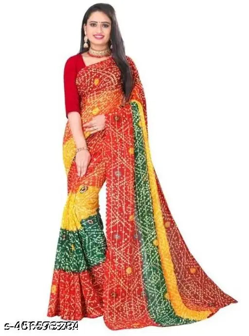 A colorful, long printed sari with a bandhni design in red and yellow on green background