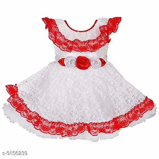 Red and white lace girls' party dress, bib neckline