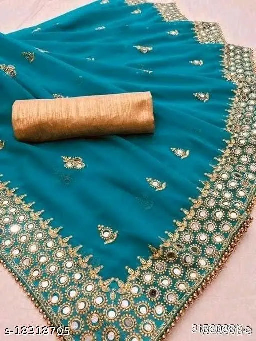 Blue, sequined mirror saree with gold border