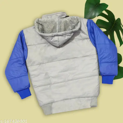 Grey polyester puffer jacket for boys, hooded, front zip closure