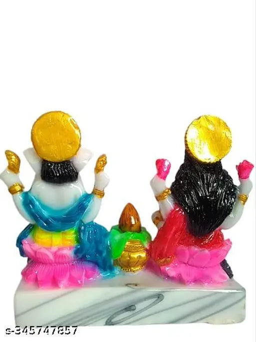 Hand-painted cultured marble Lakshmi Ganesha statues pair, 14cm tall, 6cm wide, 15cm long. Indian-crafted regal representation of Maa Lakshmi & Lord Ganesha for Diwali pooja decor or collection