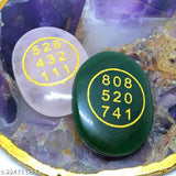 Green Jade & Rose Quartz Feng Shui Money Attraction Coin, oval shape cabochon with Zibu symbol and Angel Nos. 808 520 741 for wealth, prosperity, and cash flow