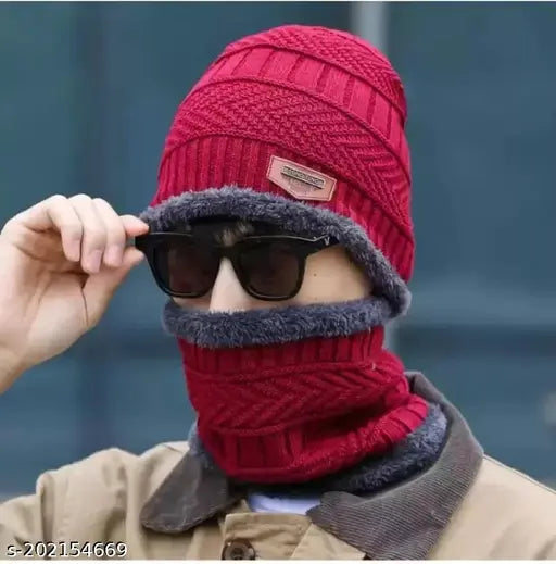Red woolen beanie cap & scarf set with fur inside, stretchy and warm, perfect for men and women in winter