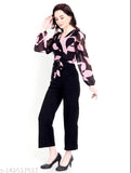 Georgette printed net jumpsuit for women and girls, trendy Indian fashion on mannequin with long sleeves
