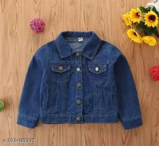 Classic blue denim girls' jacket with flap pocket and button closure