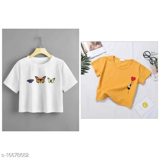 Trendy cotton short sleeve women's t-shirts with printed design, available in S, M, L, XL