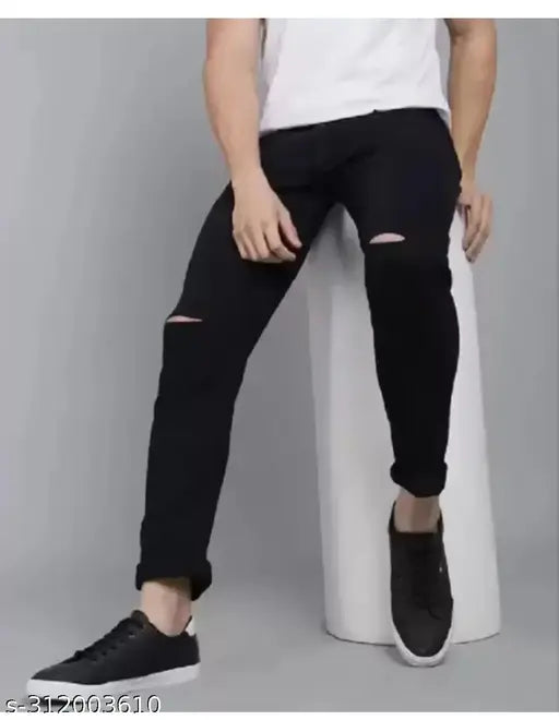 Man black knee-cut denim jeans, ripped net pattern, size 30/waist 30in/length 41in