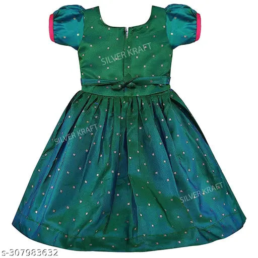 Rama Green embroidered satin sleeveless kids frock, perfect for special occasions and formal events