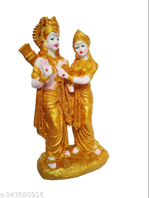 Antique finish polyresin Lord Sita Ram love couple statue, 24 cm. Hindu decorative showpiece with golden finish, ideal for Vastu and religious home decor