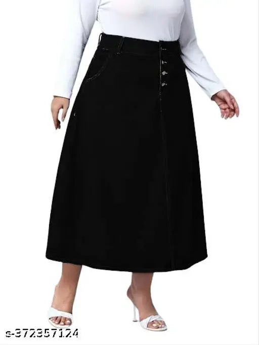 Black plus size denim A-line maxi skirt, breathable and home washable, perfect for all body types and all seasons. Maxi skirt (32in length), available in sizes 26 to 46. Made in India