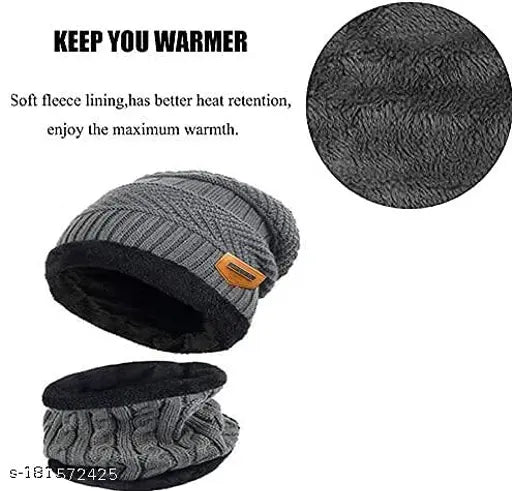 Striped cotton beanie hat with neck scarf, polarized sunglasses, and LED band for winter men & boys - India-made